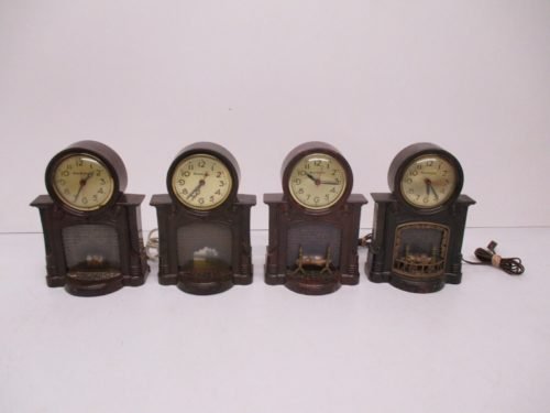 Lot 4 Vtg MasterCrafters Fireplace Motion Light Up Mantle Table Clocks For Parts