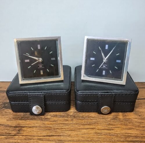Lot of 2, Cutter & Buck 2¼" Travel Alarm Clocks, Leather Case Brushed Nickel