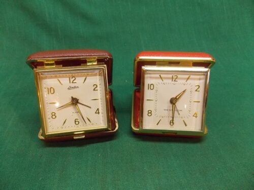 Lot of 2 vintage travel alarm clocks. Folding case. LINDEN WESTCLOX parts repair