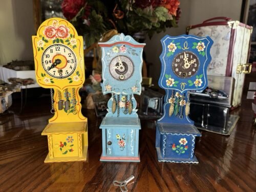 Lot Of 3 Vintage Miniature Wood Clocks w Doors Made in Germany See Description