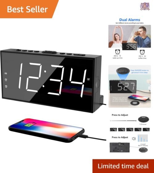 Loud Dual Alarm Clock for Deep Sleepers, Simple USB Charging & Adjustable Volume