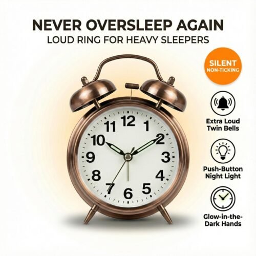 Loud Twin Bell Alarm Clock Heavy Sleeper Silent Non Ticking Vintage Retro Analog