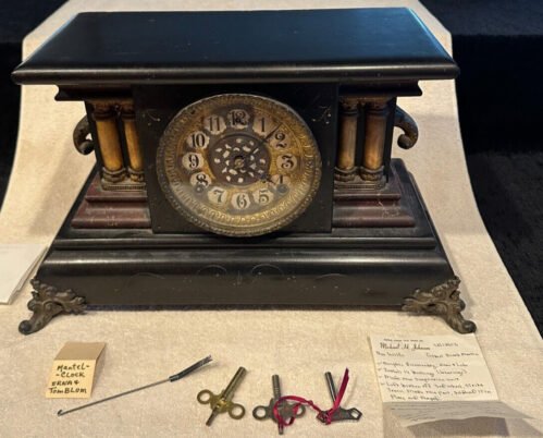 Lovely Antique Gilbert Mantle Clock Black w Pillars