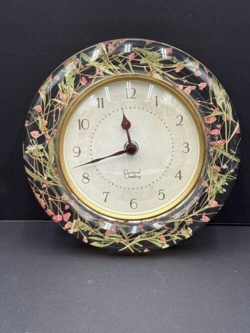 Lucite Wall Clock With Dried Flowers 8”x8” Good Condition