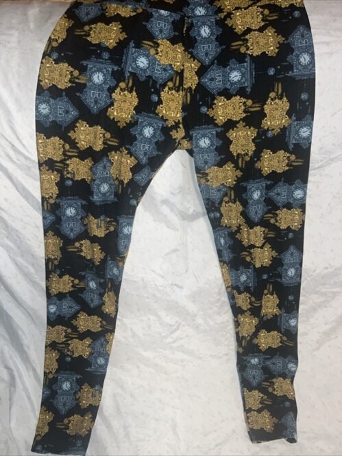 Lularoe OS One Size Leggings Black Gold Grandfather Clocks 2-10 Vintage GUC