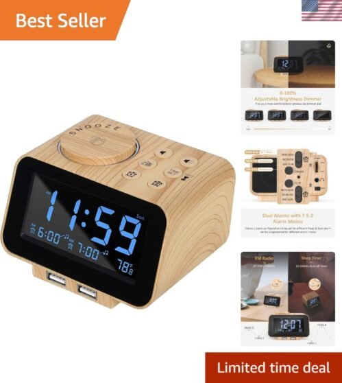 Luxury Wood Grain Alarm Clock Radio with Customizable Sounds & Thermometer