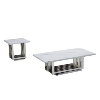 Magda 55 in. White Rectangle Marble Top Coffee Table Set with Stainless