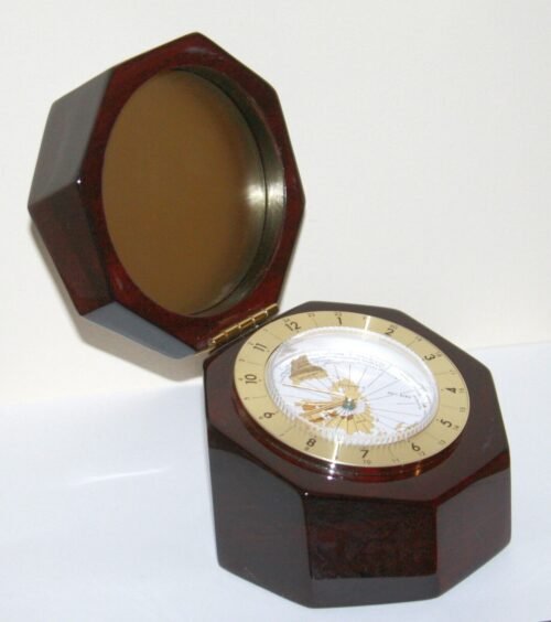 Mahogany Desk Clock piano finish octagon case box rotating map brass nautical