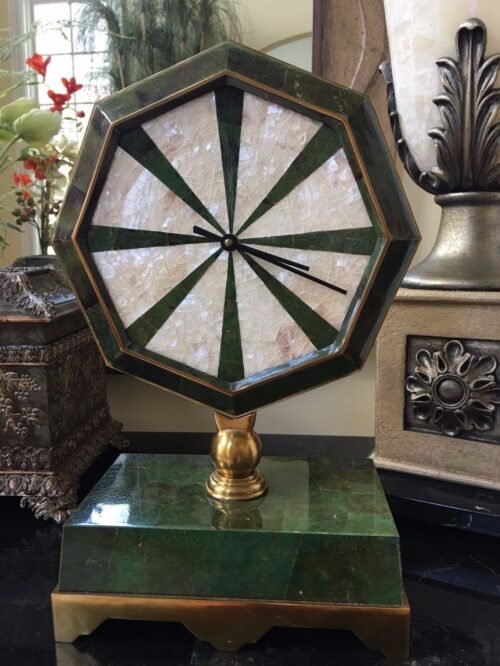 Maitland Smith Emerald Green Dyed Penshell & White Shell Inlaid Clock Brass Base