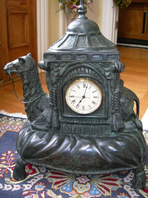 Maitland Smith Verdi Bronze Patina Camel Working Clock On Tasseled Pillow Base