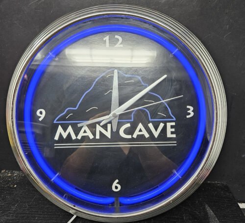 Man Cave Hanging Wall Clock w/Blue Neon Lighting 15" Diameter w/Power Adapter