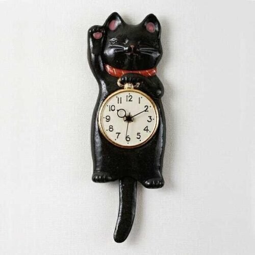 Manekineko Japanese Black Lucky Cat Pendulum Wall Clock Pottery Seto ware Japan