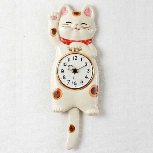 Manekineko Japanese White Lucky Cat Pendulum Wall Clock Pottery Seto ware Japan