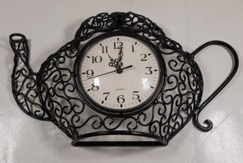 Mantle Wall Mount Quartz Black Scroll Design Framed Teapot/Kettle Clock