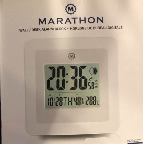 Marathon CL030049WH Digital Wall Clock w/Alarm, Temperature Date & Moon Phases E