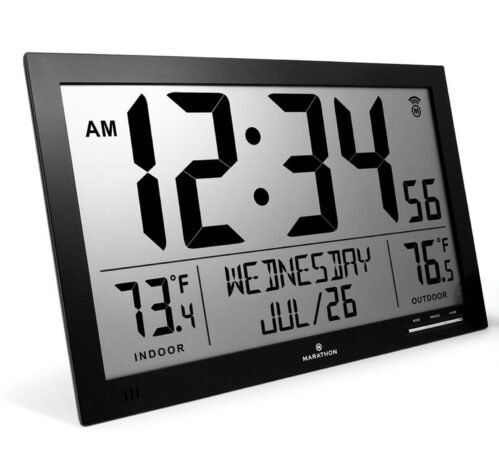 Marathon CL030066BK Slim Atomic Full Calendar Clock Blk