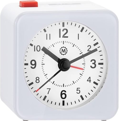 MARATHON Mini Non-Ticking Analog Alarm SNOOZE Clock with Auto Blacklight White