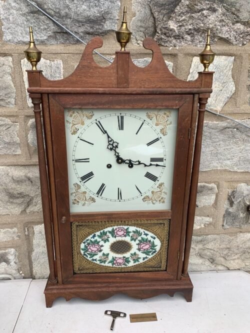 Mason & Sullivan Co, Antique Scroll Mantel Clock Painted Glass Front 31X17"