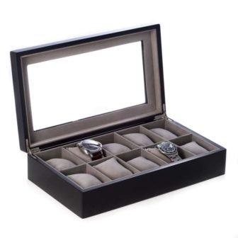 Matte Black Wood 10-Watch Box with Glass Top and Velour Lining and...