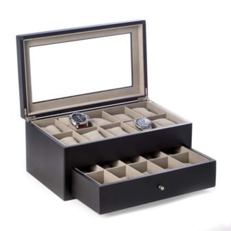 Matte Black Wood 20 Watch Box with Glass Top and Drawer, Velour Lining