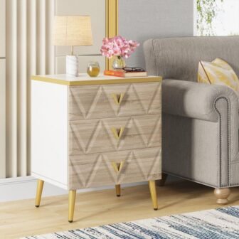 Mayville Walnut Gold Nightstand Set of 2 Modern 3-Drawers Wooden Storage Sofa...