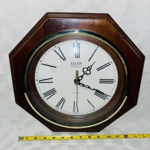 MCM Vintage Elgin Quartz Octagon 14” Wood Wall Clock Domed Glass