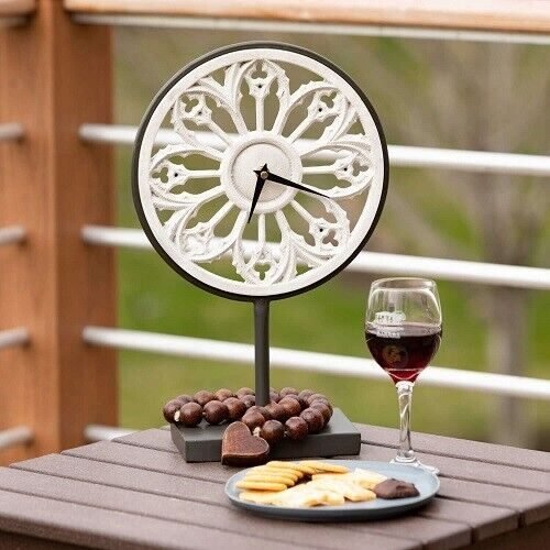 Medallion Type Sculpted Wood Desk, Table Clock, Numberless w/Black Metal Stand