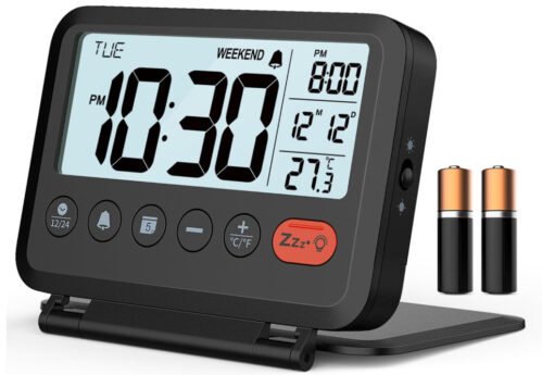 Meesmeek Digital Travel Alarm Clock, Black, 3.54 Inch LCD Display, 9-Minute Snoo