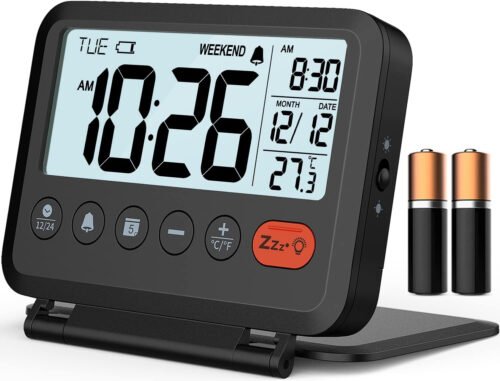 Meesmeek Digital Travel Alarm Clock, Black, 3.54 Inch LCD Display, 9-Minute Snoo