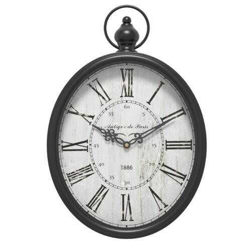 Menterry Oval Retro Wall Clock, Rustic Vintage Style, Black Antique Design,