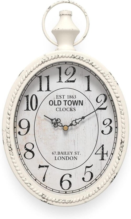 Menterry Small Retro Oval Wall Clock, Antique Old Design, White Vintage Style, B