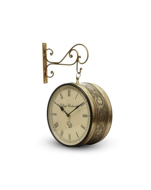 Metal Analog Double Sided Vintage Station Wall Clock with Brass in dial (Golden,