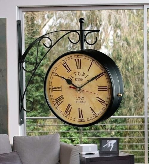 Metal Analog Vintage Railway Station Antique Style Double Sided Wall Clock