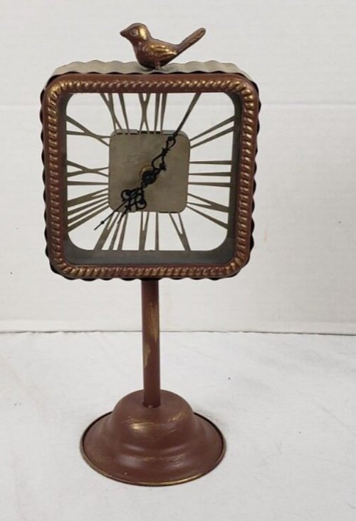 Metal and Glass Desk Clock with Bird 13" x 6"