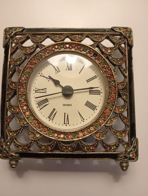 Metal Desk Clock, Amber and Green Stones.