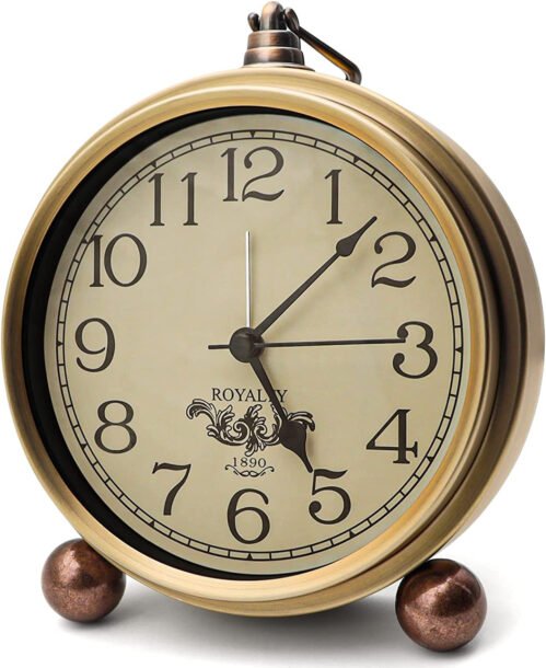Metal Golden Table Clock, Retro Vintage Non-Ticking Small Alarm Clock,Battery Op