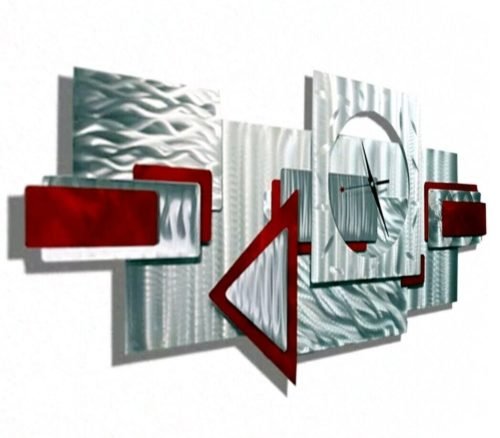 Metal Wall Art Clock - Large NEW SIGNED By Jon Allen Red + Silver Art Clock -