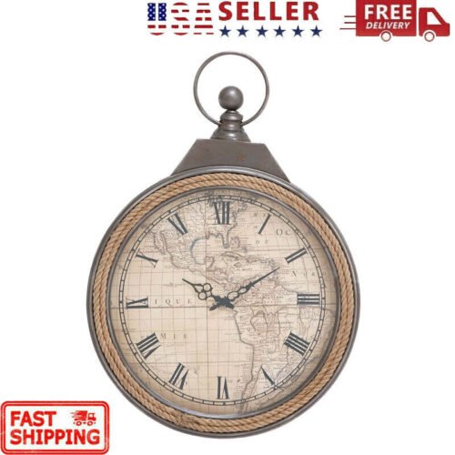 Metal Wall Clock Pocket Watch Style Decor Retro Rope Accent 21'' Indoor Home US