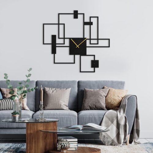 Metal Wall Clock Wall Art Decor, Black Square Wall Sculpture Clock Silent Bat...