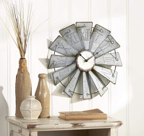Metal Windmill Wall Clock Battery Operated Farmhouse Rustic Metal 14.5"