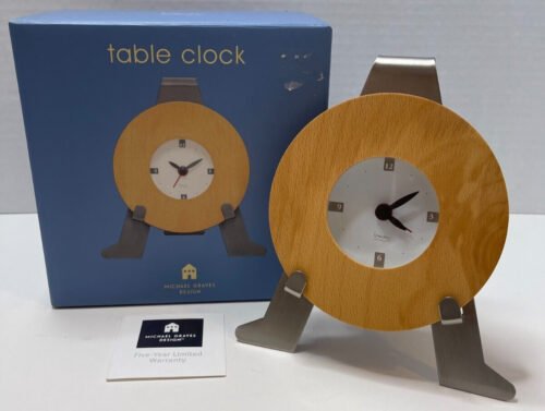 Michael Graves Design Tripod Table Alarm Clock Satin Nickel Solid Wood-Tested