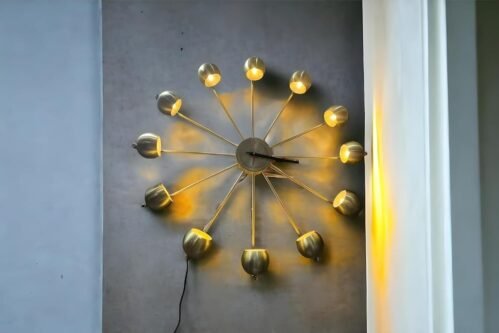 Mid-Century Italian Brass 12-Bulb Large Round Wall Clock, (Size-24in)