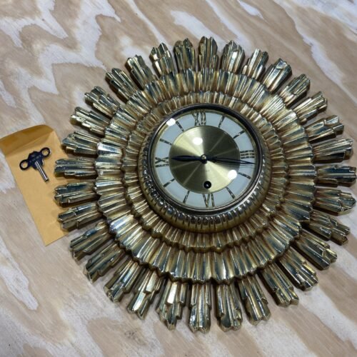 MID-CENTURY MODERN GOLD SUNBURST 15" WALL CLOCK 8-DAY GERMANY W/Key UNTESTED
