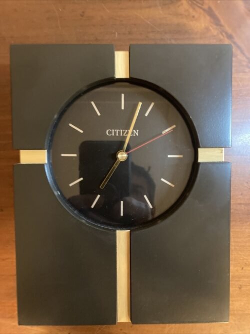 Mid Century Modern Desk Clock W/Battery Dark Wood W/Bronze ￼Ex. Condition WORKS￼