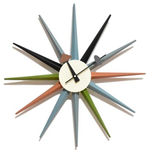 Mid Century Modern Sunburst Wall Clock Silent 18in Wood Living Room Nelson Style