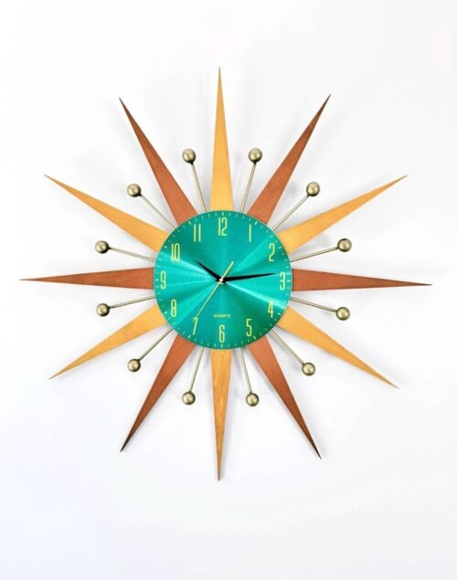 Mid Century Modern Wall Clock – 31" Sunburst Teal Retro Decor – Atomic Starburst