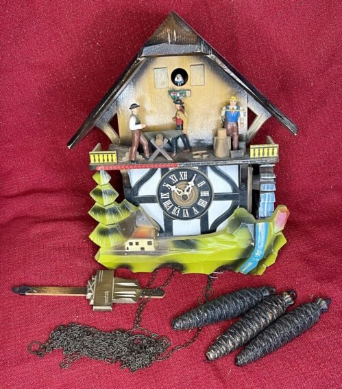 MID Century SWISS MUSICAL WOODSMEN West German Black Forest Carved Cuckoo Clock
