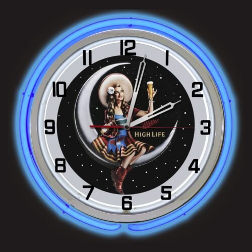 Miller High Life Girl Beer Sign 19" Blue Double Neon Clock Man Cave Garage