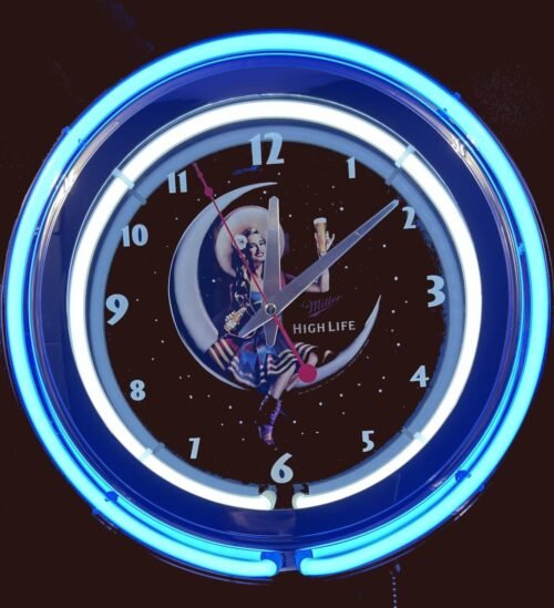 Miller High Life Girl Sign Blue 15" Double Neon Clock Carbon Fiber Like Case