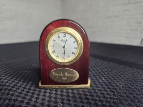 Miniature Mantle Desk Clock Engraved Wood Brass Quartz Elegance